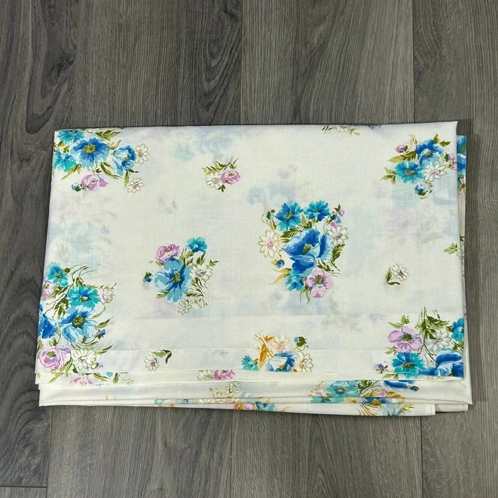 Vintage Springmaid Marvelaire Twin Flat Sheet White Blue Pink Floral Muslin USA